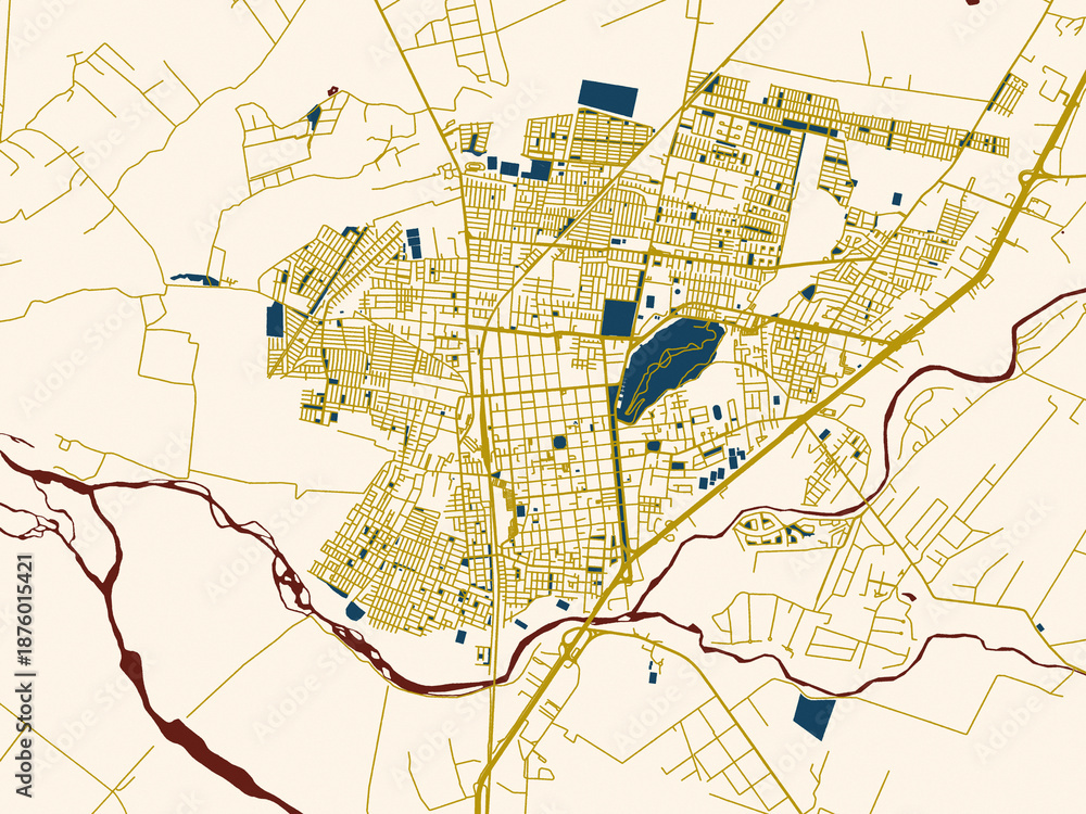 Fototapeta premium Abstract city map of Curico, Chile with minimal cream and gold map