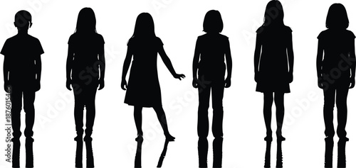 Set of black children silhouettes featuring boys and girls standing in various poses isolated on white background with reflective shadows
