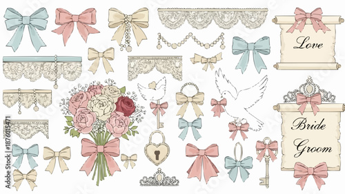 Wedding Elements Collection Decorative Bows Lace Flowers and Symbols.
