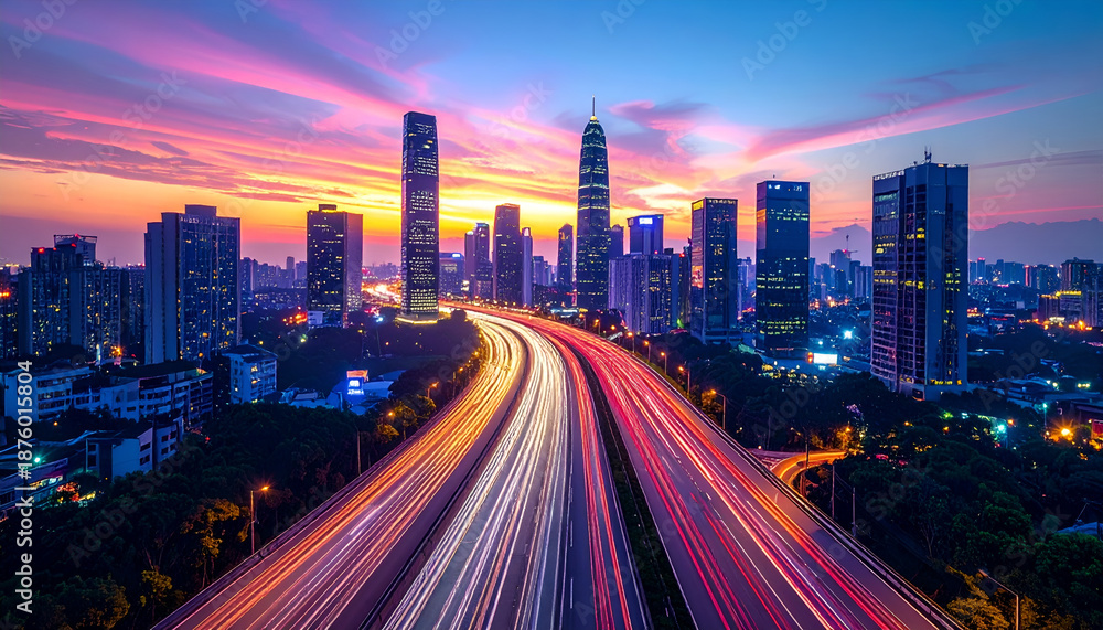 Obraz premium Long exposure of vibrant red and white traffic light trails on a multi-lane highway leading through a modern city skyline with skyscrapers under a colorful sunset sky.