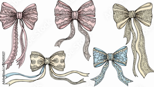 Collection of Decorative Bows with Ribbons Hand Drawn Illustration.