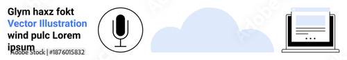 Cloud computing, digital communication, storage solutions, online documentation, podcasting, data sharing. Microphone, cloud and laptop icons aligned horizontally. Cloud computing and digital