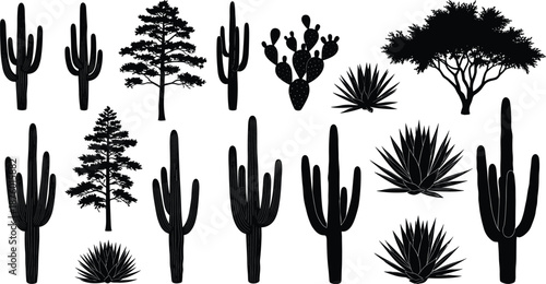 Set of black desert plant silhouettes featuring saguaro cactus prickly pear agave and wilderness trees isolated on white background for nature
