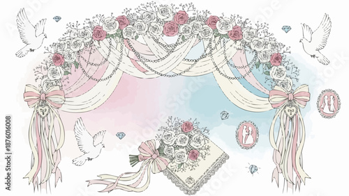 Wedding Arch Decorated with Flowers and Doves.