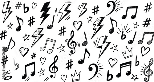 Hand Drawn Music Notes, Lightning Bolt Scribbles, Stars and Hearts Doodles, Black Ink Musical Symbols Set, Creative Sketchy Vector Illustration Elements