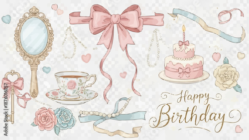 Happy Birthday celebration elements with cake and tea set.