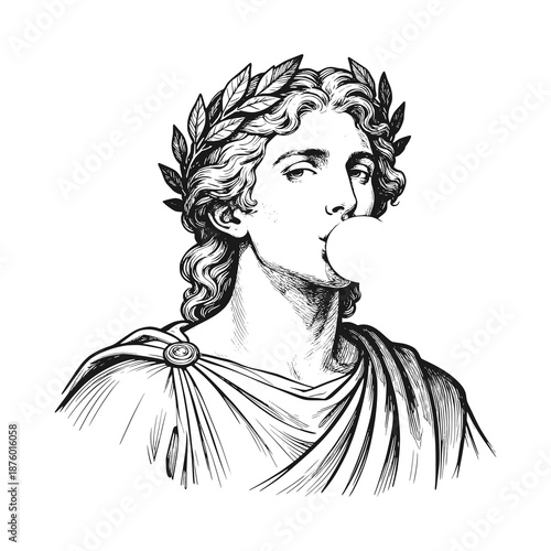 The god Apollo eating chewing gum. Black white vector illustration.