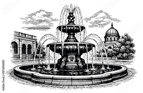 Vintage engraving style illustration of a grand fountain depicting water flowing for historical landmark designs