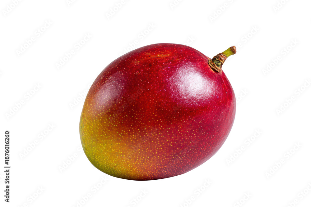 Fototapeta premium Ripe red and yellow mango fruit with stem on black background image
