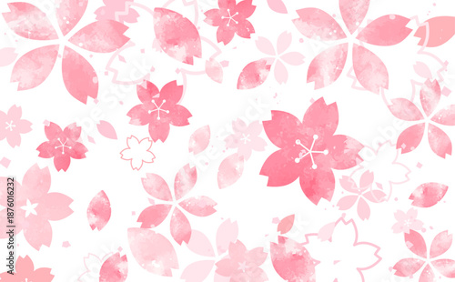 桜の手描き風の和風花びら背景_背景なし_横