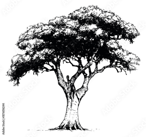Hand drawn line art illustration of a large tree depicting its natural form for nature and ecology themes