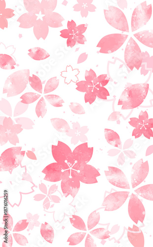 桜の手描き風の和風花びら背景_背景なし_縦