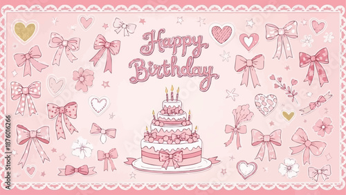 Happy Birthday Cake with Ribbons and Hearts Illustration.