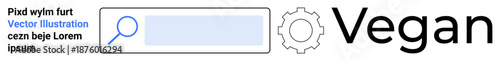 Search engine, technology lifestyle, veganism concept, online research, innovation, healthy living. A search bar, gear icon and text Vegan. Search engine and technology lifestyle concept