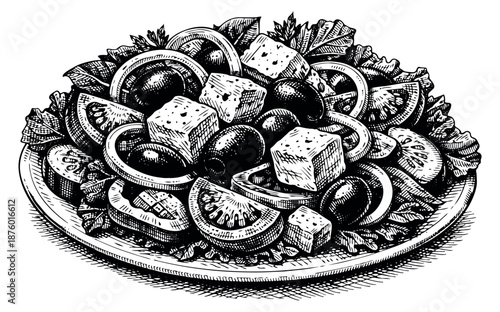 Hand drawn line art illustration of Greek salad depicting fresh ingredients for healthy eating