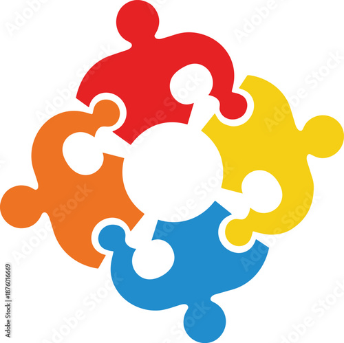 Teamwork puzzle icon, unity symbol, collaboration concept, colorful design, human connection, partnership graphic, community support, vector illustration, corporate identity, social cohesion