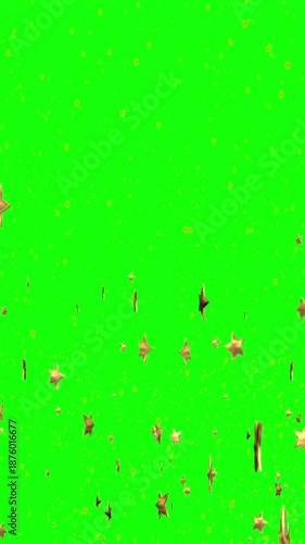 Golden metallic star confetti loop transition on green screen chroma key background vertical video