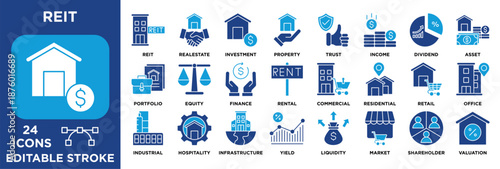 REIT icon set for real estate investment, property assets, rental income, dividends, portfolio management, valuation, and commercial markets. solid blue vector