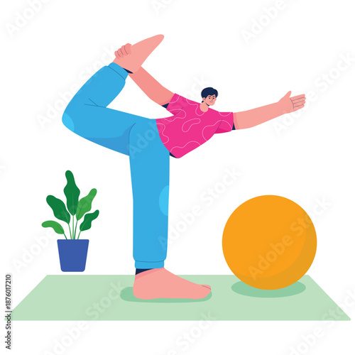 Yoga Meditation Illustration. Vector illustration of Person performing standing balance yoga pose with flexibility and strength Isolated on background