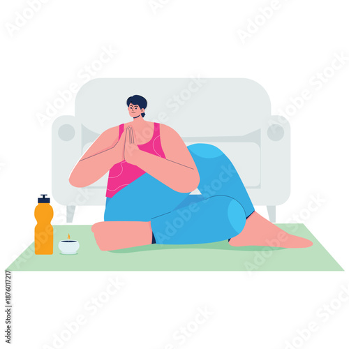 Yoga Meditation Illustration. Vector illustration of Person practicing seated yoga prayer pose indoors for relaxation mindfulness and balance Isolated on background