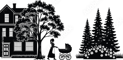 Black and White Silhouette of Woman with Baby Stroller Near House and Trees in Peaceful Nature Scene for Lifestyle and Family Concept Art
