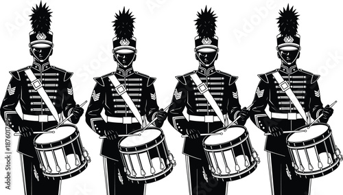 Black and White Silhouette of Marching Band Drummers in Uniform Playing Snare Drums for Music Performance, Parade Art, and Musical Discipline Illustration