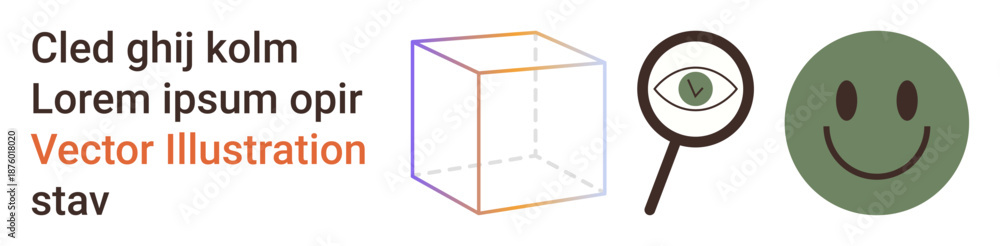 Fototapeta premium Data analysis, visualization, geometry, abstract concepts, emotive design, inspection. Contains 3D cube, magnifying glass with an eye and a happy face. Visualization and geometry concepts