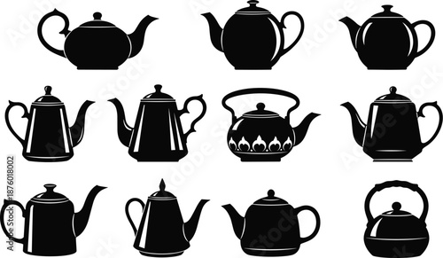 Set of black teapot silhouettes featuring various kettle designs and vintage tea pot icons isolated on white background for kitchen design