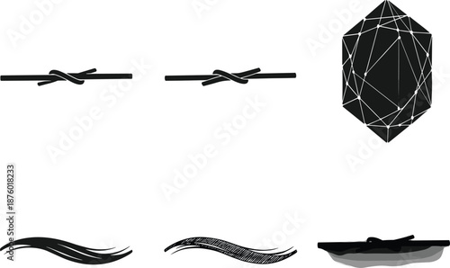 Abstract black line symbols set, minimal geometric shapes, knot lines, wave strokes, crystal polygon, modern vector design elements