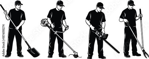 Black Silhouette Vector of Landscapers Performing Gardening Tasks with Shovel, Trimmer, Hedge Cutter, and Loppers in Outdoor Maintenance and Yard Work Scene