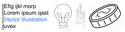 Creativity, financial success, investment growth, innovation, idea generation, business planning. Features light bulb, coin and upward arrows. Creativity and financial success concepts
