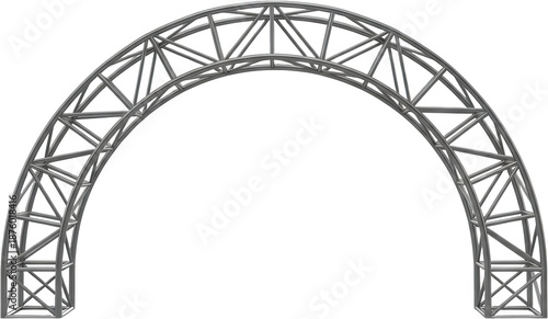 Symmetrical silver metal truss segment shaped as an architectural arch forming a structural curved gateway element structure stage scaffolding event aluminum construction transparent background