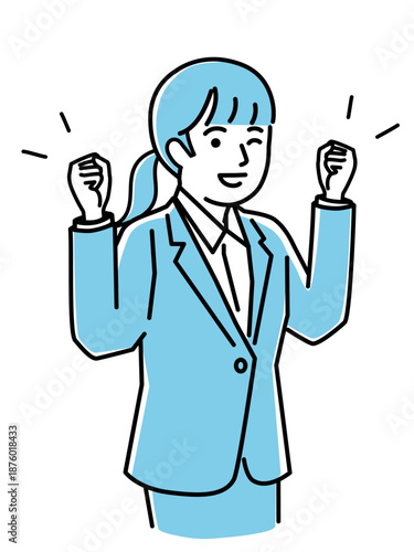 両手でガッツポーズをして喜ぶスーツ姿の若い女性、ビジネスの成功や合格のベクターイラスト
