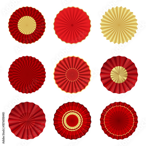 Paper fan rosette decoration set. Vector red and gold oriental round folding fans for Chinese New Year holiday background