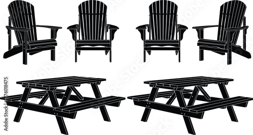 Black Silhouette Vector of Outdoor Furniture Featuring Adirondack Chairs and Picnic Tables for Backyard, Park, Garden, and Recreational Seating Design Concepts