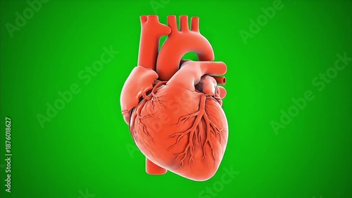 Anatomical model of a human heart against a green background with visible veins and arteries.