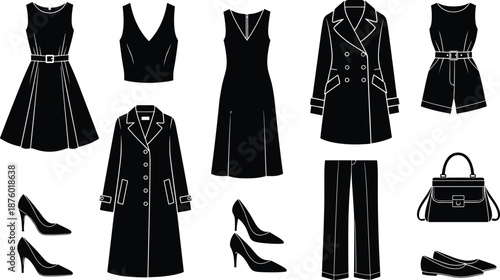 Black women fashion clothing collection vector illustration, elegant dresses coats shoes bags outfits set, minimal style apparel icons isolated on white background