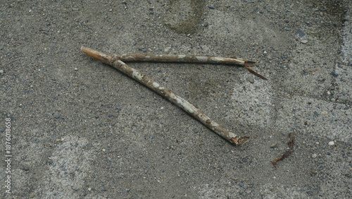 Two dry wooden sticks lying on a grey gravel ground surface