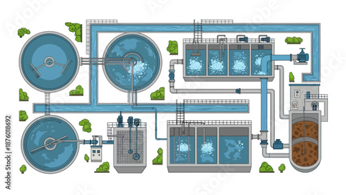 Diagram illustrating the complex processes involved in a modern water treatment plant, showing various stages of purification and filtration.