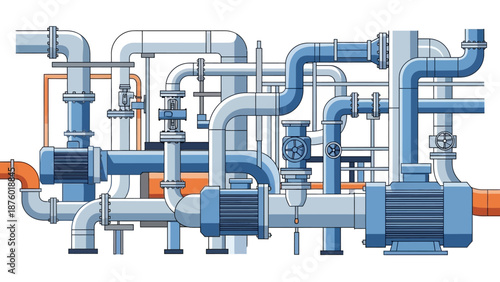 Complex industrial piping system with pumps, valves, and multiple pipe connections.