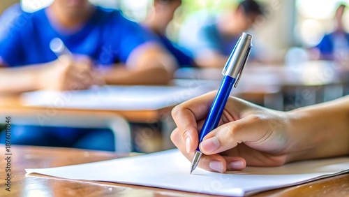 Close-up of a hand writing with a blue pen on paper in a classroom.
