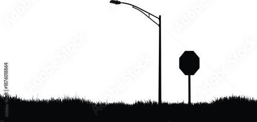 Black silhouette of a street lamp, stop sign, and grass field against white background, urban street elements in minimalist landscape composition