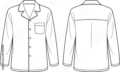 Cad drawing flat vector illustration, fashion technical sketch of button-up shirt front and back view with notched collar and chest pocket