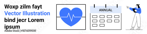 Heart with heartbeat line, annual calendar, and female character presenting on a tablet. Ideal for healthcare, scheduling, presentations, education, annual reports, workplace planning simple landing