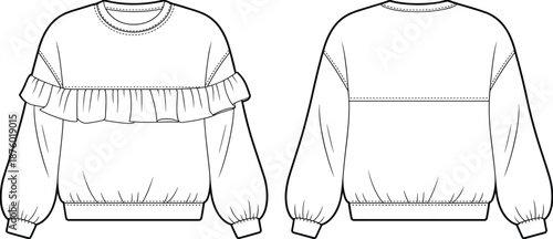 Cad drawing flat vector illustration, fashion technical sketch of ruffle sweatshirt front and back view with gathered cuffs and hem