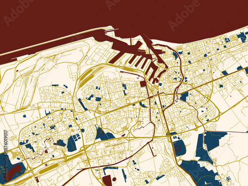 Bild auf Leinwand Flat city map of Dunkirk, France in midnight red and gold palette