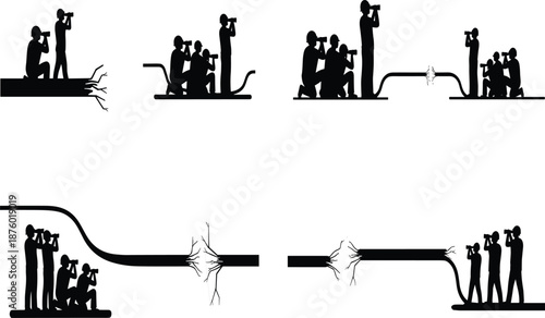 Black silhouette of workers inspecting a damaged fiber optic cable and broken power line connection against a clean white background.