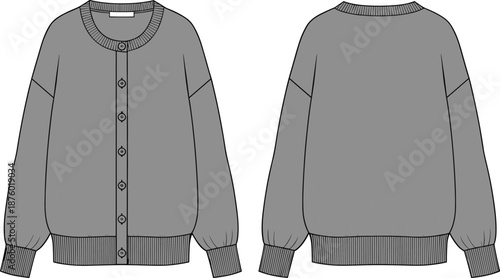 Cardigan sweater technical sketch, front and back view, fashion flat drawing, vector illustration, garment design, apparel template, CAD style