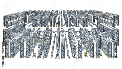 A high-angle aerial view of a vast, modern, automated warehouse storage system with numerous tall metal shelving units and yellow automated guided vehicles.