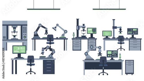 Modern laboratory setup with robotic arms, microscopes, and computers for advanced scientific research.